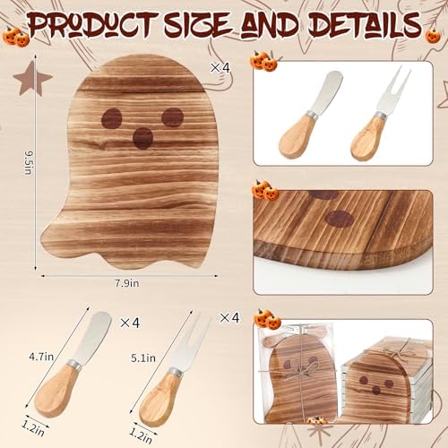 JarThenaAMCS 4 Pack Halloween Cheese Board Cute Ghost Boo Small Cutting Serving Tray Platter with Knife Set for Charcuterie Trick or Treat Party Home Decoration