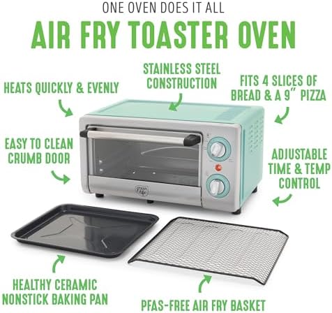 GreenLife Countertop Toaster Oven Air Fryer Stainless Steel, Healthy Ceramic Nonstick, PFAS Free, Tray & Basket, Bake, Broil, Reheat, Adjustable Temp & Time Control, Auto Shutoff, Turquoise