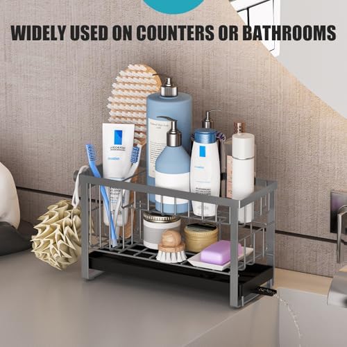 Sponge Holder for Kitchen Sink with Flexible Smiley Face, 2 Tier Kitchen Sink Organizer, Countertop and Storage Essentials, Soap Dispenser Organizer, Home Decor Accessories - Gray