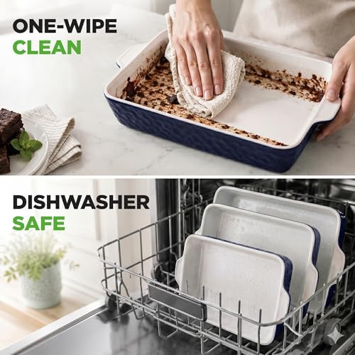 NutriChef 3-Piece Ceramic Casserole Dishes for Oven - Heavy Duty Rectangular Lasagna Baking Pans w/ Premium Nonstick Coating & Handles - PFOS, PTFE, PFOA Free - Microwave & Oven Safe, Royal Blue