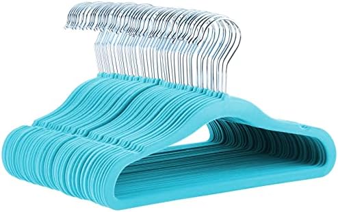 Amazon Basics Kids Space Saving Velvet Non-Slip Clothes Hangers with Shoulder Notches for Infant and Toddler, 11.6", Blue, 50-Pack