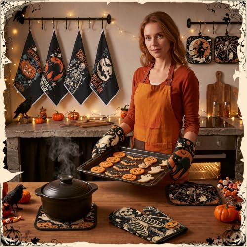 Teenyyou 12PCS Vintage Halloween Kitchen Decor, Towels Oven Mitt Pot Holder