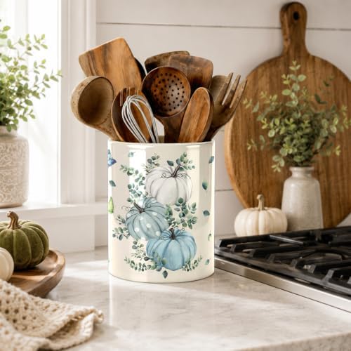 Fall Blue Kitchen Utensil Holder, Pumpkin Large Ceramic Utensil Holder For Kitchen Organizer, Autumn Farm 6.3'' Cooking Utensil Crocks Rustic Decor Utensil Storage Cup for Countertop