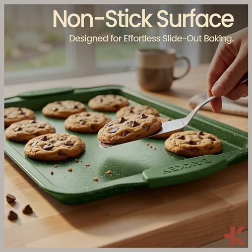 BAKKEN Kitchen Baking Pan Set - Nonstick Green Marble Coating, Carbon Steel Bakeware Sets with Green Silicone Handles, Kitchen Essentials, PFOA, PFOS, PTFE Free, Oven Safe (Up To 450° F), Set of 6
