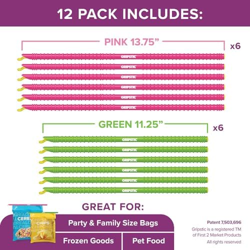 GripStic Bag Sealer - 12-Pack XLarge Reusable Bag Clips, Original Airtight & Waterproof Seal for Food Storage