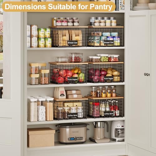 2-Pack Stackable Wire Baskets with 2 Pads & Bamboo Top, Pantry Organizer