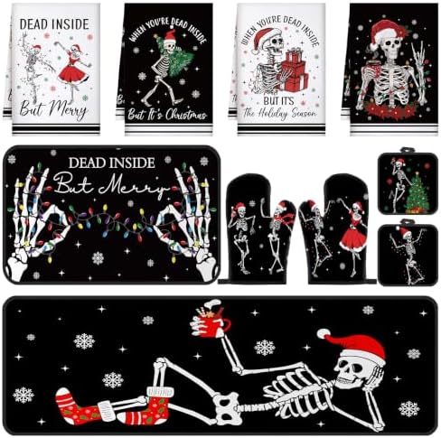 Fanfanwin 10 Pcs Christmas Skeleton Kitchen Decor and Accessories Set Kitchen Towels Pot Holders Oven Mitts Rugs and Tape for Baking Cooking BBQ Festive Housewarming Gifts