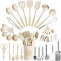 Kikcoin 43 PCS Silicone Kitchen Utensils Set, Dishwasher Safe Kitchen Cooking Utensils Set, 446°F Spatulas Silicone Heat Resistant, Non Toxic Silicone Utensils Set With Two-Tone Grip Handles, Cream