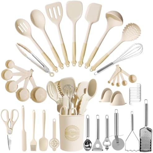 Kikcoin 43 PCS Silicone Kitchen Utensils Set, Dishwasher Safe Kitchen Cooking Utensils Set, 446°F Spatulas Silicone Heat Resistant, Non Toxic Silicone Utensils Set With Two-Tone Grip Handles, Cream