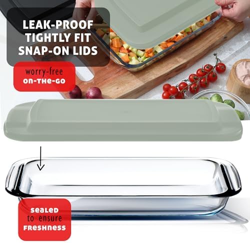 EATEX 16-Piece Deep Glass Casserole Dishes for Oven with Plastic lids, Rectangular Glass Baking Dish Set, Baking Pans for Lasagna,Leftovers, Cooking, Kitchen, Freezer-to-Oven & Dishwasher, Sage Green