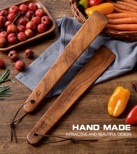 12" Teak Wooden Spatula for Cooking, 2Pcs Wood Turner Scraper for Cast Iron