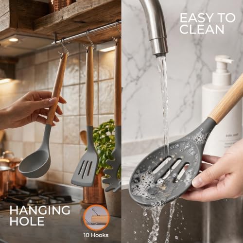 33 Pcs Silicone Kitchen Cooking Utensils Set, Wood Handle & Holder