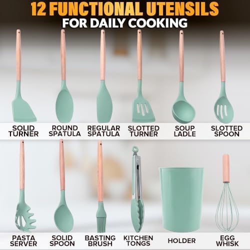 12Pcs Mint Green Kitchen Accessories with Holder for Nonstick Pans