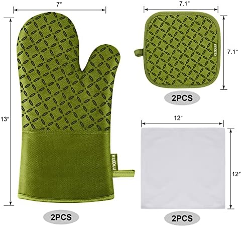KEGOUU Oven Mitts and Pot Holders 6pcs Set, Kitchen Oven Glove High Heat Resistant 500 Degree Extra Long Oven Mitts and Potholder with Non-Slip Silicone Surface for Cooking (Olive Drab)