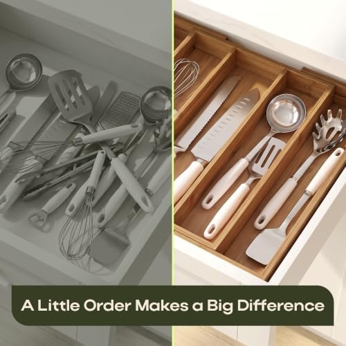 ROYAL CRAFT WOOD Carbonized Bamboo Kitchen Drawer Organizer - Silverware Organizer - Utensil Holder and Cutlery Tray with Grooved Drawer Dividers for Flatware and Kitchen Utensils, 5 Slot