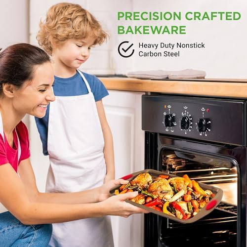 NutriChef 6-Piece Baking Pan Set - PFOA, PFOS, PTFE Free Flexible Nonstick Golden Coating Carbon Steel Bakeware - Professional Home Kitchen Bake Cookie Sheet Stackable Tray w/Red Silicone Handles