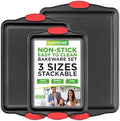 NutriChef Nonstick Cookie Sheets – Carbon Steel Baking Sheet Set with Non Stick Coating & Red Silicone Handles – Oven Pans for Family Baking 3-Piece Set (Pack of 10)