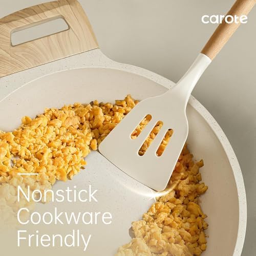 CAROTE Silicone Cooking Utensils Set, Kitchen Utensils Set 10 Pcs for cooking, BPA Free Spatula Set with Heat Resistant Wood Handles for Nonstick Cookware (Cream White) (Pack of 2)
