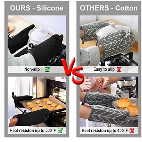 KEGOUU Oven Mitts and Pot Holders 6pcs Set, Kitchen Oven Glove High Heat Resistant 500 Degree Extra Long Oven Mitts and Potholder with Non-Slip Silicone Surface for Cooking (Black)