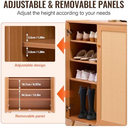 VEVOR Rattan Shoe Cabinet, 5 Tiers Shoe Storage Organizer with 2 Doors and Adjustable Shelves, 40.35" Tall Rattan Shoe Storage Entryway Cabinet Ideal for Entryway, Closet, Hallway, Light Wood Color