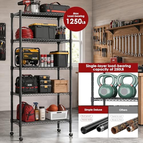 Simple Deluxe 5-Tier Heavy Duty Adjustable Shelf with Wheels, 23.23”W x 13.39”D x 59.45”H,Metal Storage Rack, Easy Tool-Free Assembly for Garage, Warehouse, Basement, Laundry, Black