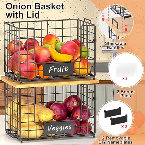 2-Pack Stackable Wire Baskets with 2 Pads & Bamboo Top, Pantry Organizer