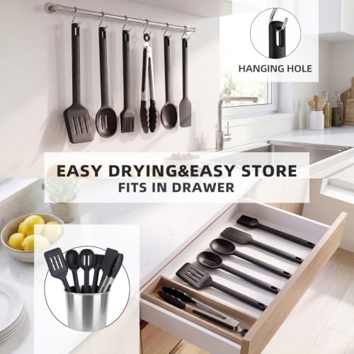 Kitchen Utensils Set 6 PCS,Silicone Cooking Utensils Set,Spatula Set,446℉ Heat Resistant Cooking Utensils,Tongs,Spoon,BPA Free Kitchen Gadgets Appliances for Non-Stick Cookware,Home Essential(Black)
