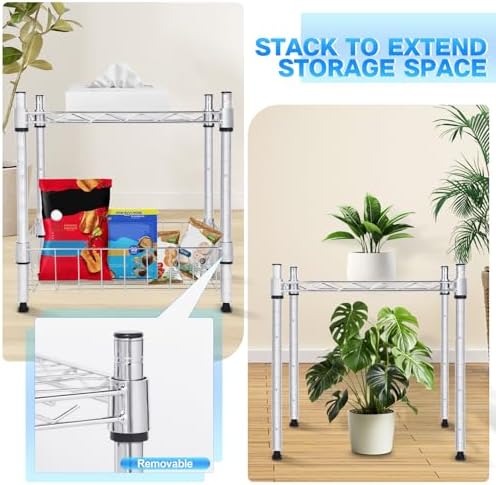 Whitmor 2 Tier Metal Storage Shelves, Heavy Duty Shelf with Basket, 350 lbs Capacity per Shelf, 700 lbs Total, Home Organizer for Kitchen, Garage, Bathroom, 15" L x 14" W x 15" H, Chrome