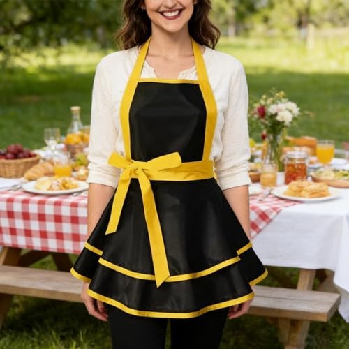 Violet Mist Cute Lovely Retro Aprons for Women Girls Lady Sexy Vintage Aprons Black Yellow Vintage 50s Apron Halloween Christmas Apron Cooking Kitchen Ruffle Apron for Housewife Waitress Mother's Gift