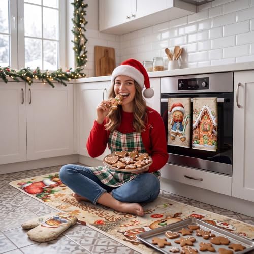 Fanfanwin 10 Pcs Christmas Gingerbread Man Kitchen Decor and Accessories Set Kitchen Towels Pot Holders Oven Mitts and Rugs for Baking Cooking BBQ Mom Housewarming Gifts