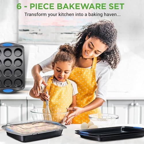 NutriChef Nonstick Bakeware Set of 6, Baking Pan with Cookie Sheets, 12-cup Muffin & Loaf pan – Easy to Clean, Oven Safe, Durable Warp Resistance Carbon Steel Pan Set for Baking, Roasting, & Cooking