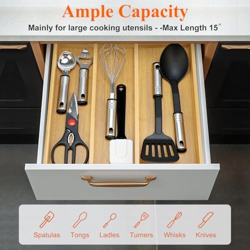 Large Bamboo Kitchen Utensil Drawer Organizer Expandable Silverware Tray