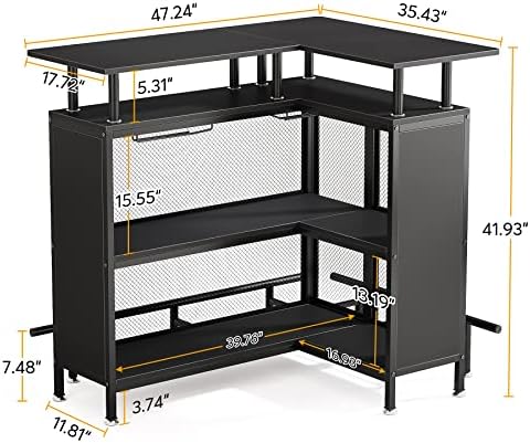 Tribesigns Home Bar Unit, L-Shaped Bar Table with Stemware Racks and 2-Tier Shelves, Corner Mini Coffee Liquor Cabinet with Footrest for Home/Kitchen/Pub, Black