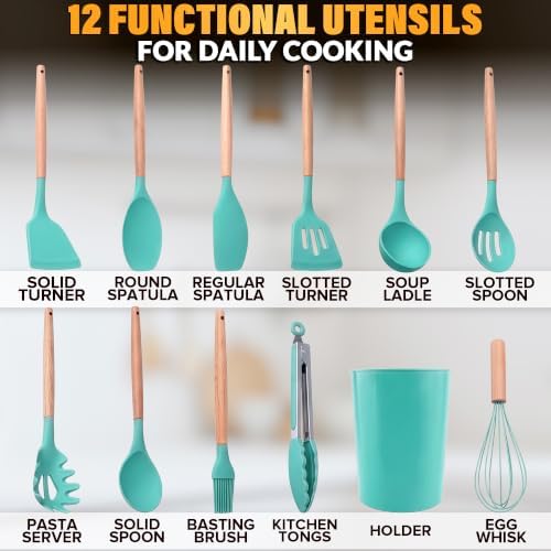 Teal Kitchen Utensils Set with Holder, 12 Pcs, Wooden Handle
