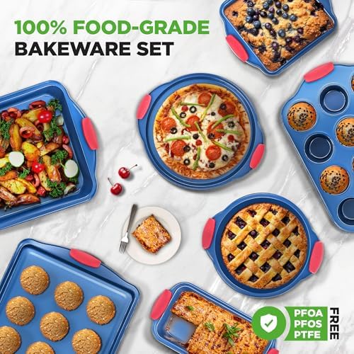 NutriChef 10-Piece Nonstick Bakeware Set - Deluxe Carbon Steel with Blue Silicone Coating, Red Handles, Professional Grade Kitchen Essentials, Ideal for Baking Cakes, Cookies, and More (Blue)