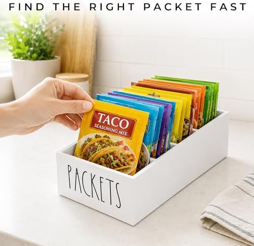 Seasoning Organizer, Pantry Storage Bins for Food Mixes, Spices, Gravy, Taco, and Dressing Packets - Modern Farmhouse Kitchen Organization (White)