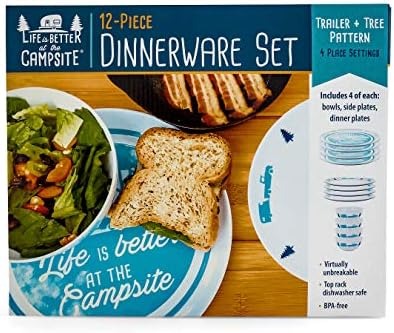 Camco Life is Better at The Campsite Dishware Set | Includes (4) Large Dinner Plates, (4) Small Salad Plates and (4) Bowls | Top Rack Dishwasher Safe | Blue Tree and Truck Design (53294)
