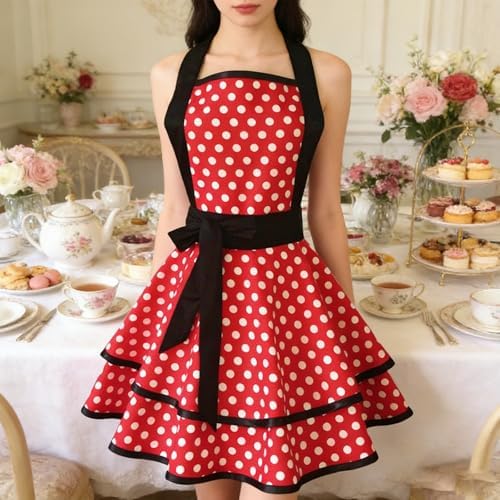 Violet Mist Cute Lovely Retro Aprons for Women Girls Ladies Sexy Vintage Aprons Christmas Apron Polk Dot Vintage 50s Apron kawaii Cooking Kitchen Ruffle Apron for Housewife Waitress Mother's Gift