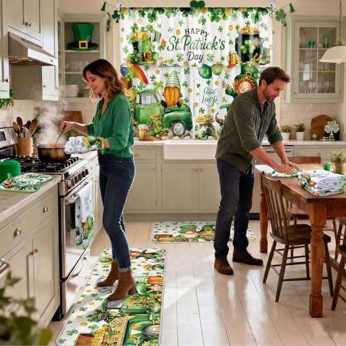 13 Pcs St. Patrick's Day Kitchen Decor Set 3 Shamrock Kitchen Curtains Valance 2 Irish Rugs and Mats 4 Hand Towels 2 Pot Holders 2 Oven Mitts for Home Decor Cooking Grilling Housewarming Gift