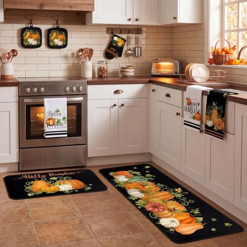 Fanfanwin 10 Pcs Fall Pumpkin Kitchen Decor Set Black Kitchen Rugs Set