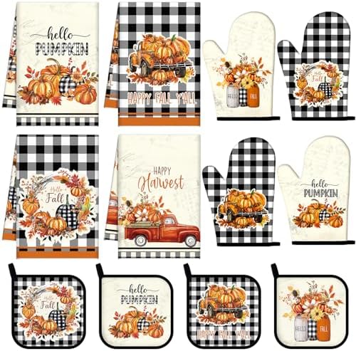 Pickmesh 12 Pcs Fall Kitchen Towels Autumn Pot Holders Oven Mitts Set