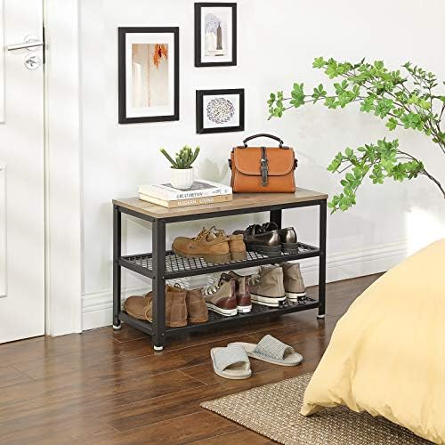 VASAGLE 3-Tier Shoe Rack, Storage Bench with Metal Mesh Shelves and Seat