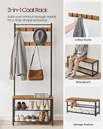 VASAGLE Coat Rack, Hall Tree with Shoe Storage Bench, 3-in-1, Steel Frame