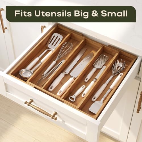 ROYAL CRAFT WOOD Carbonized Bamboo Kitchen Drawer Organizer - Silverware Organizer - Utensil Holder and Cutlery Tray with Grooved Drawer Dividers for Flatware and Kitchen Utensils, 5 Slot
