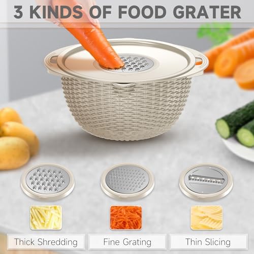 4-1 Colander with Bowl & Spoons Set - Rotatable Colander for kitchen with New Upgraded Graters, Food Strainer(Patented) for Pasta, Fruits, Vegetables, Funny Presents for Women, Beige