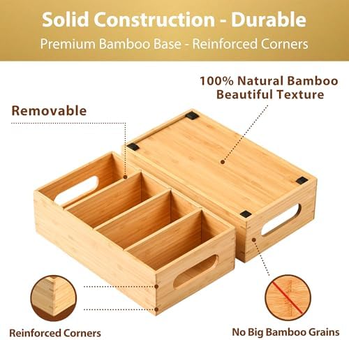 Umilife Bamboo Pantry Organizers and Storage Bins with Removable Dividers, Kitchen Drawer Cabinet Countertop Organization for Snack, Spice Packets, Teabags, Seasoning Pouches (2 Pack)