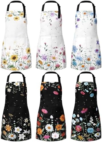Bencailor 6 Pcs Wildflower Aprons for Women with Pockets, Waterproof
