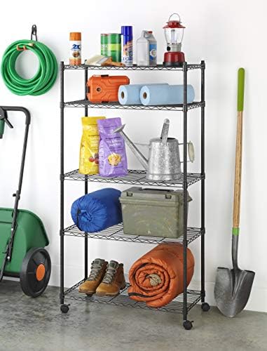 Whitmor 5 Tier Supreme Shelving Unit, Metal Storage Shelves, Adjustable Heavy Duty Shelf with Wheels, 400 lbs Capacity per Shelf, 2000 lbs Total for Pantry, Garage, Kitchen, Black
