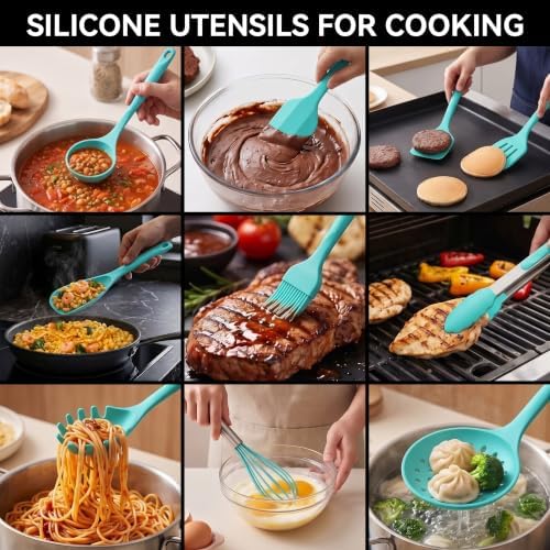Silicone Cooking Utensils Set - 600°F Heat Resistant, Nonstick Kitchen Utensil Set with Spatulas, Spoons, Whisk, Tongs, BPA Free, Dishwasher Safe (Teal)
