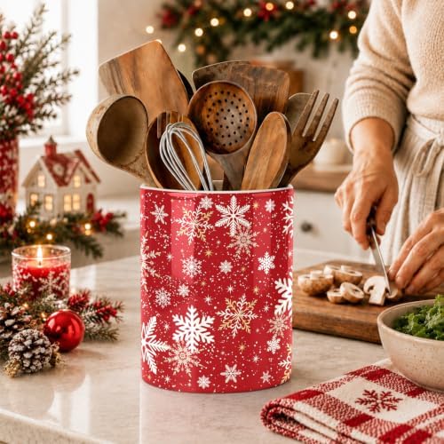 Christmas Snowflake Red Kitchen Utensil Holder, Xmas Winter Large Ceramic Utensil Holder For Countertop Organizer, 6.3'' Cooking Utensil Crocks Festivel Decor Utensil Storage Cup for Kitchen